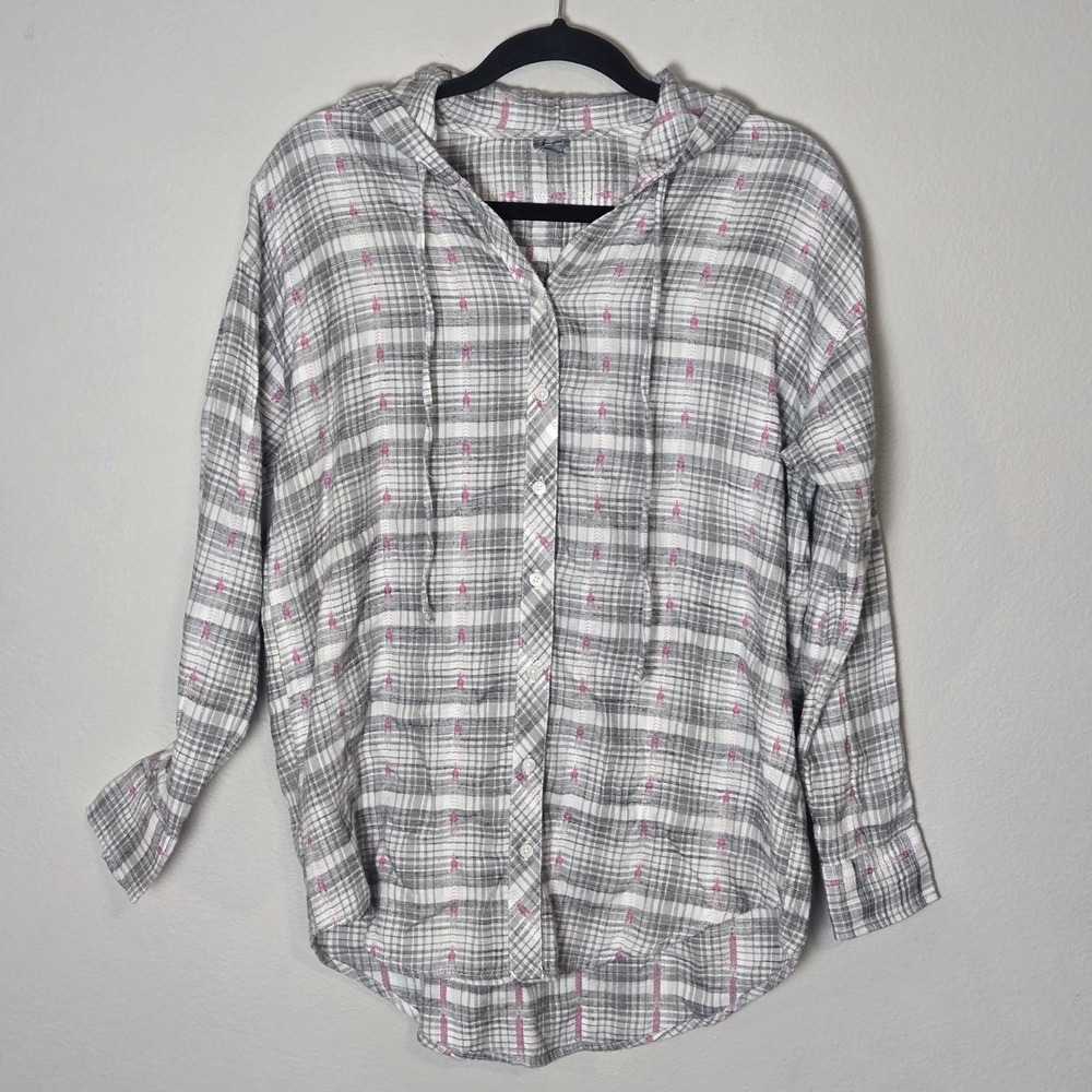 Aerie Womens Flannel Button Up Shirt Pink Plaid Hooded Tunic Top Long Sleeve XS